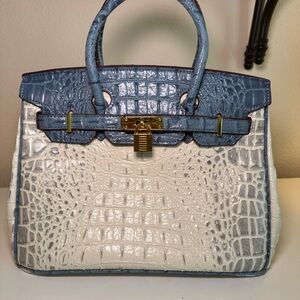 Elegant Blue and White Croc-Embossed Women's Handbag